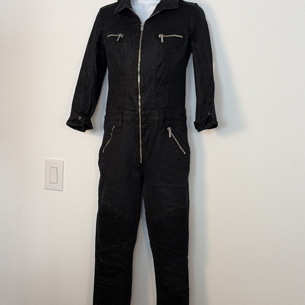 bebe Women's Black Denim Jumpsuit size s Collared Zip Front Long Sleeve Pockets